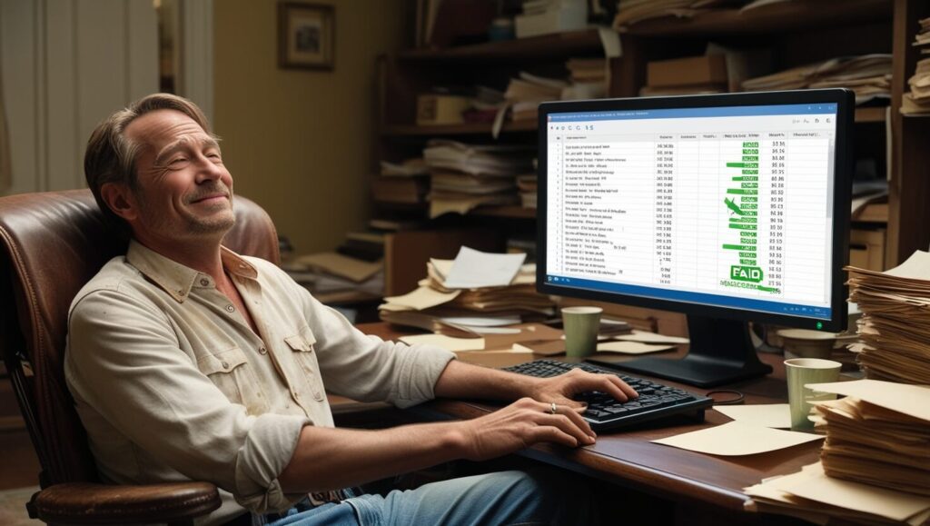 Homem aliviado em frente ao computador, vendo as contas quitadas